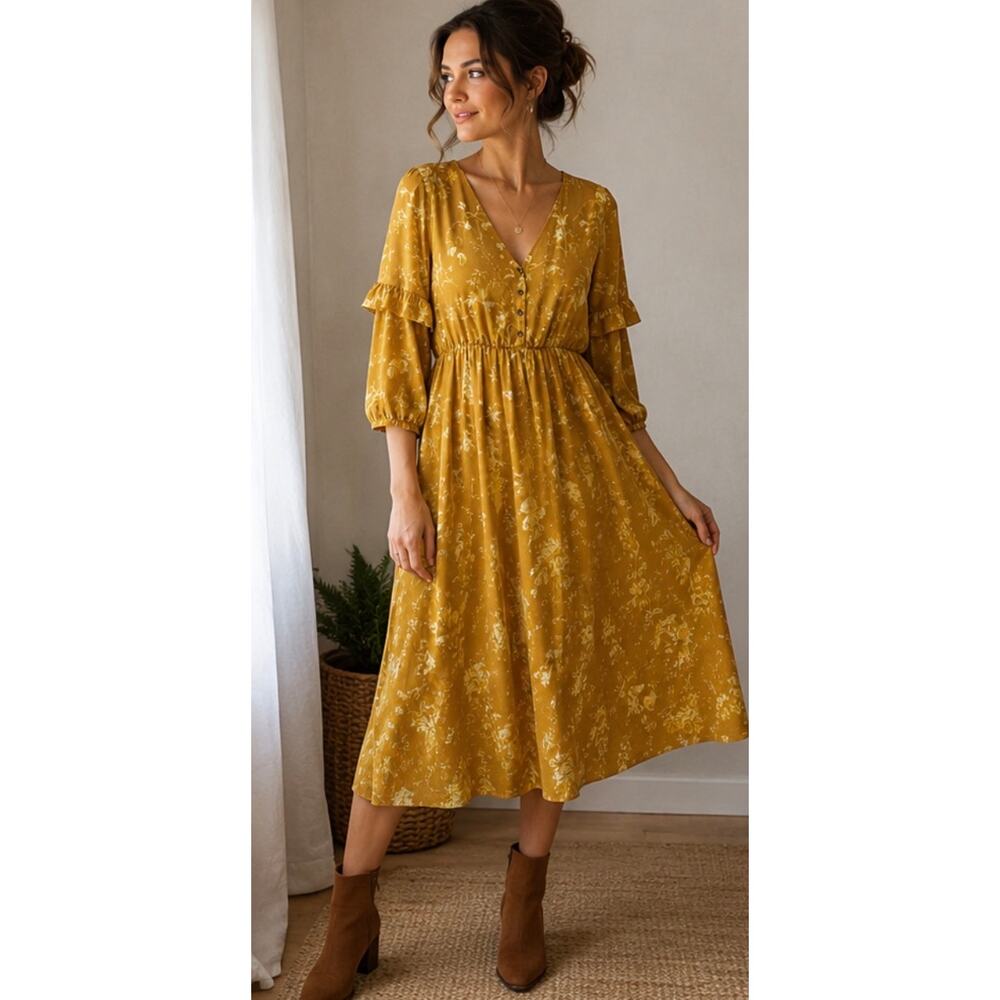 Madewell Marigold Floral Ruffle Midi Dress Cottagecore Prairie Boho Size 4 EUC
